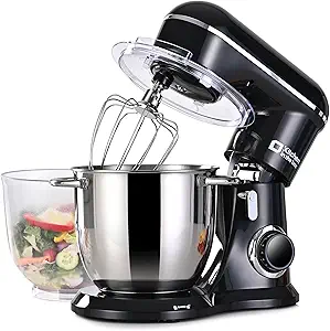 Black budget-friendly stand mixer with a stainless steel mixing bowl, tilt-head design, and multiple attachments, including a paddle, whisk, and dough hook.