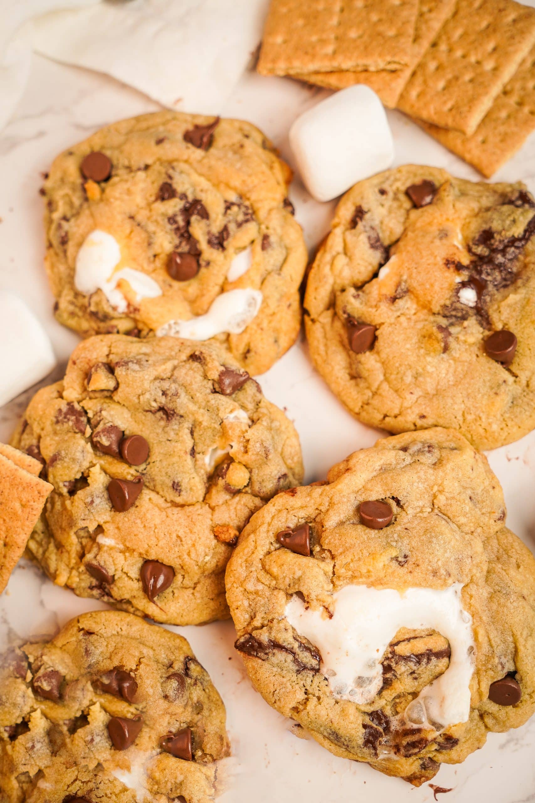 Close-up of freshly baked s'mores cookies with melted marshmallow and chocolate chips on a white background."