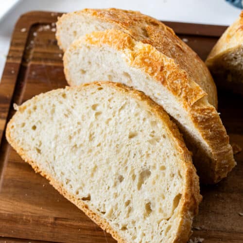 Inside look at the soft, chewy crumb of homemade no-knead crusty artisan bread