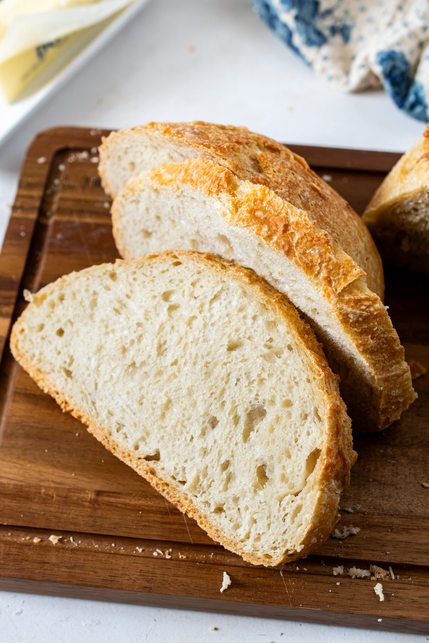 Inside look at the soft, chewy crumb of homemade no-knead crusty artisan bread