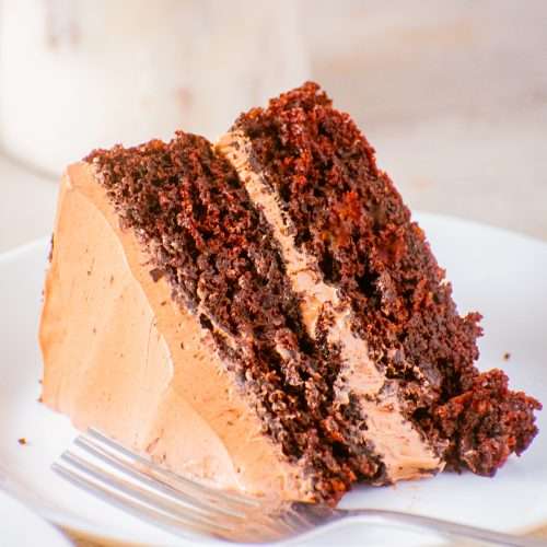 Moist vegan chocolate cake slice with rich chocolate frosting on a white plate.
