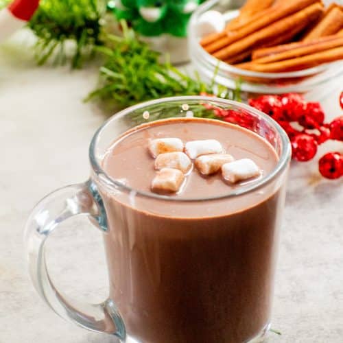 A glass mug of creamy hot chocolate topped with mini marshmallows, surrounded by cinnamon sticks and festive Christmas decorations.