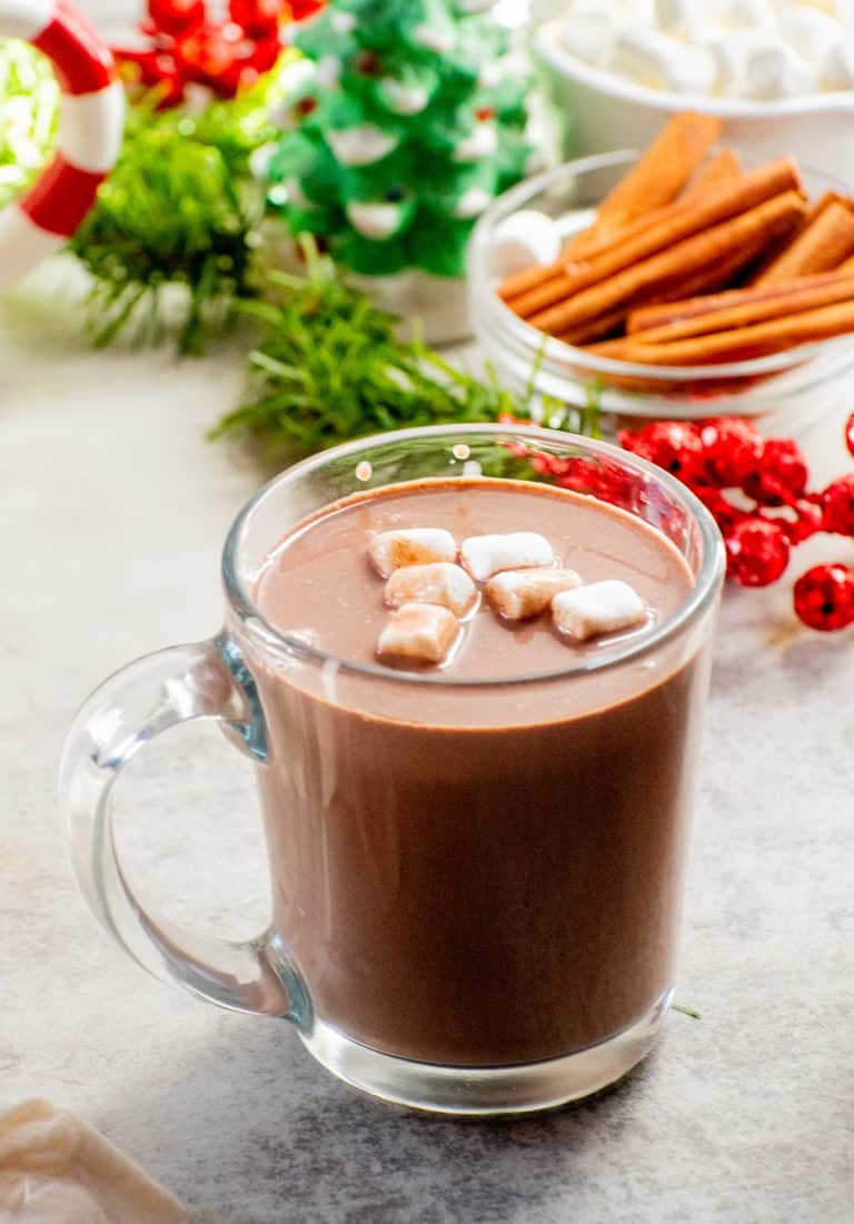 A glass mug of creamy hot chocolate topped with mini marshmallows, surrounded by cinnamon sticks and festive Christmas decorations.