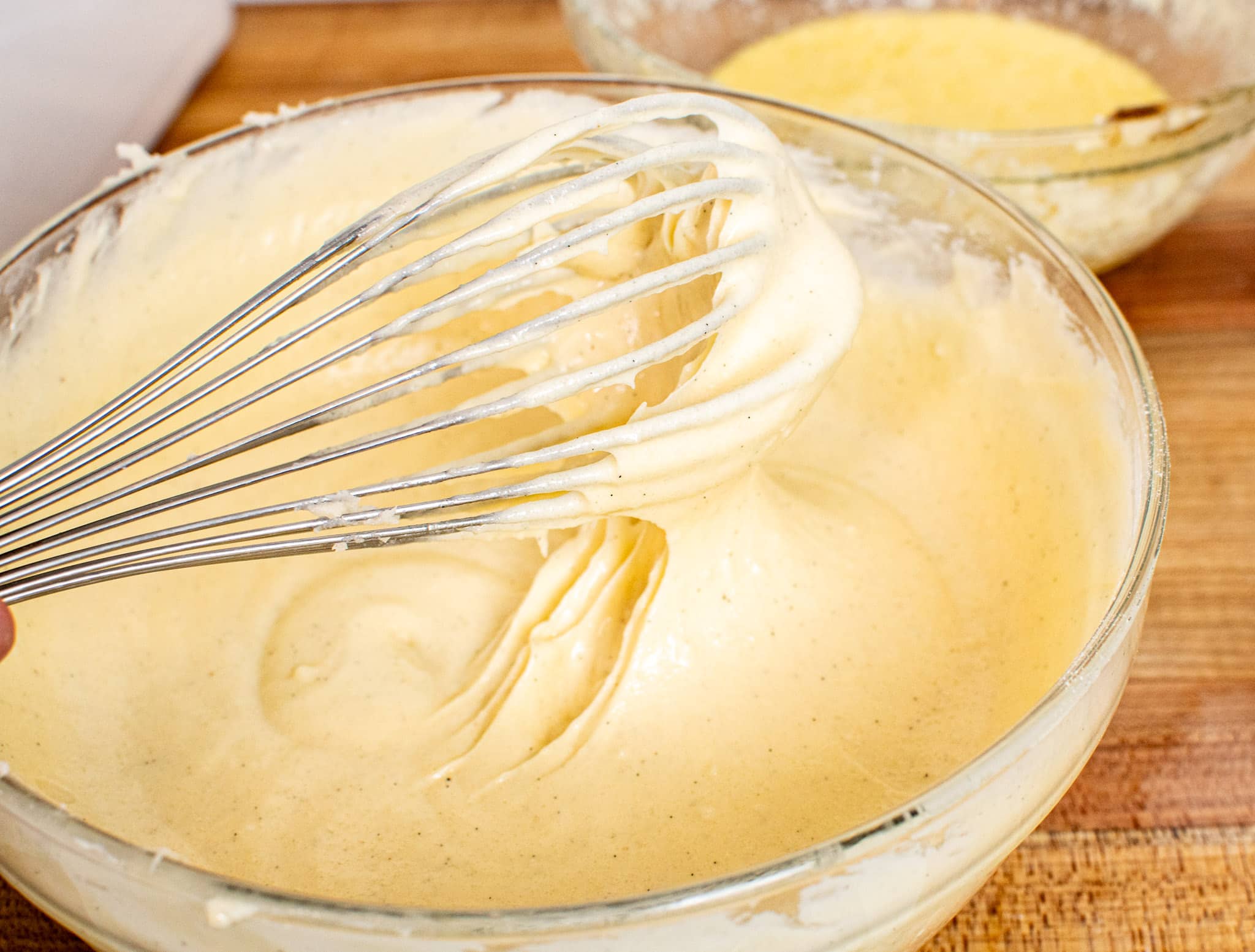 Smooth and creamy cake batter after thorough mixing.