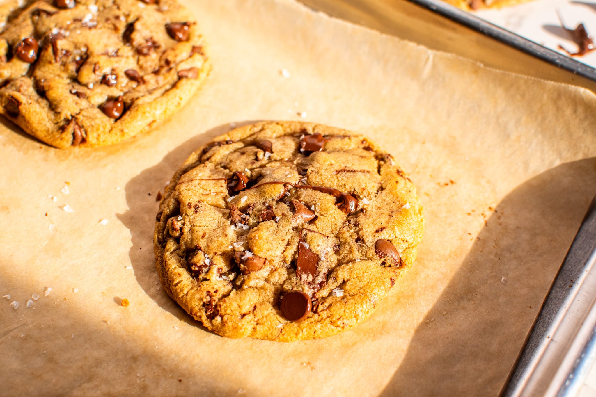 Freshly baked chewy chocolate chip cookies on a parchment lined baking sheet