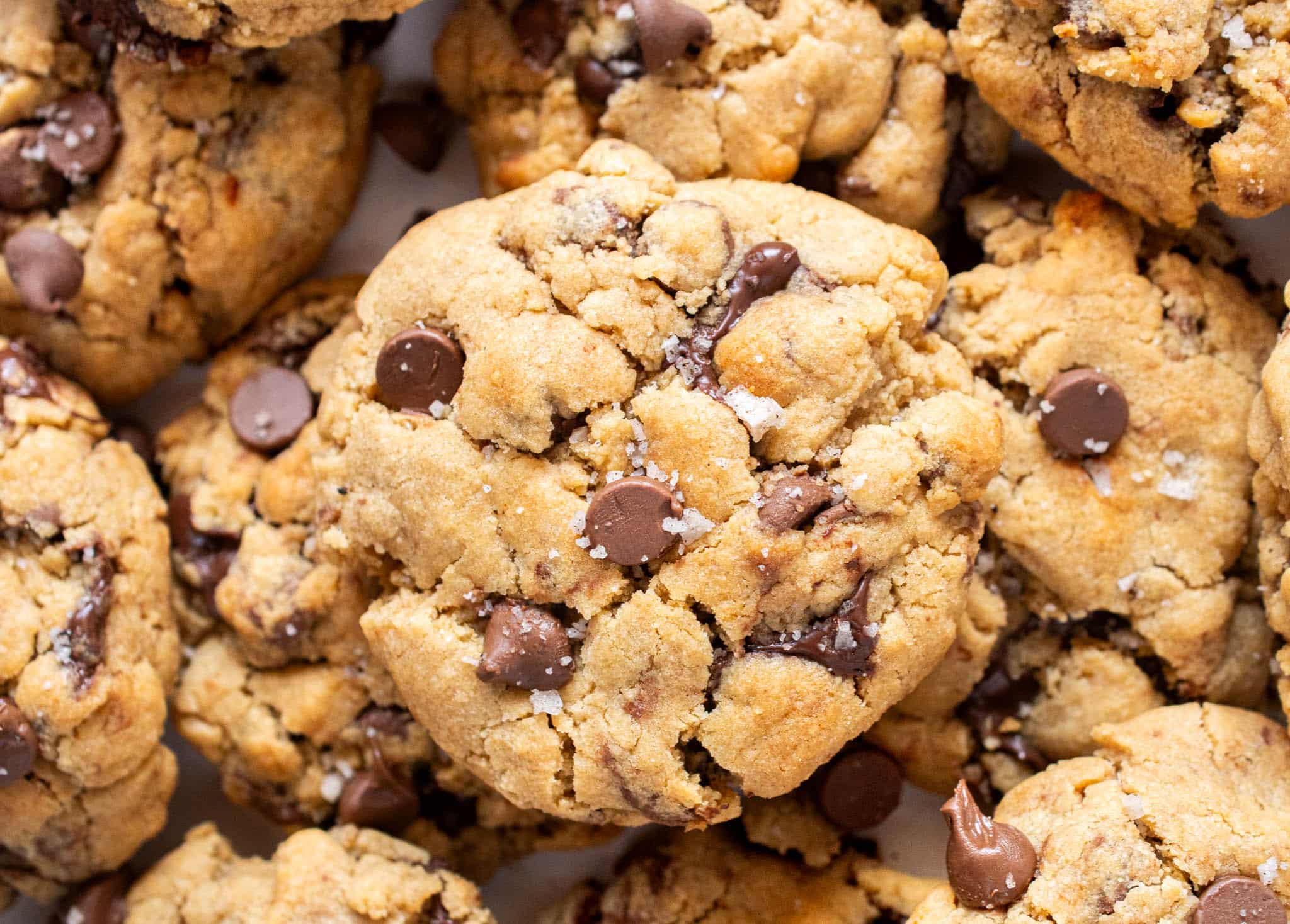 Close-up of peanut butter chocolate chip cookies with melty chocolate and sea salt on top