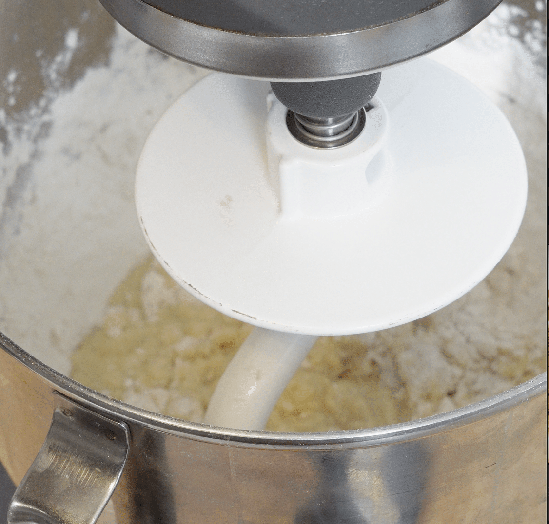 Mixing the dough with a stand mixer.