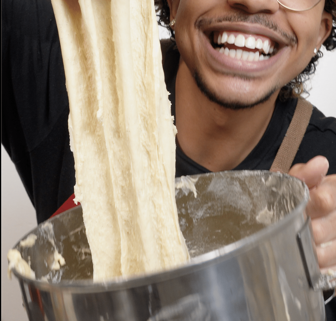 Properly mixed dough that is super soft and strechy.