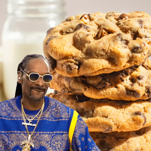 Snoop Dogg with stacked peanut butter chocolate chip cookies from his Rolls Royce cookie recipe