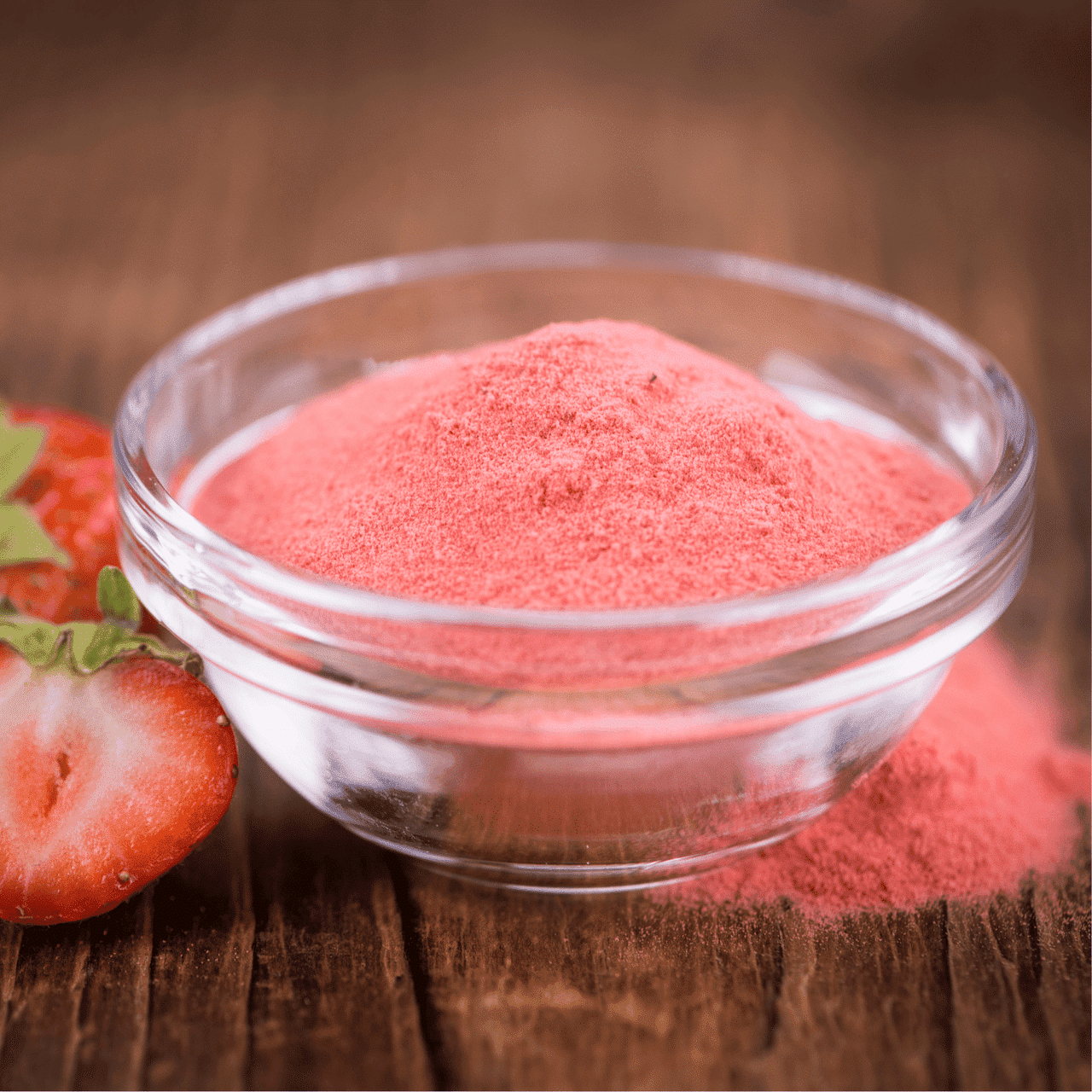 Freeze dried strawberry powder in a glass bowl.